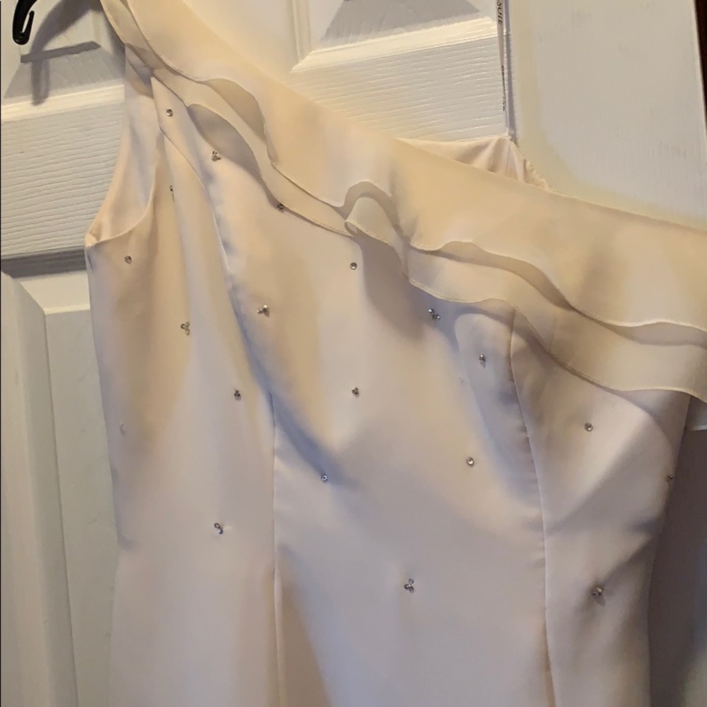 Full length white off shoulder gown